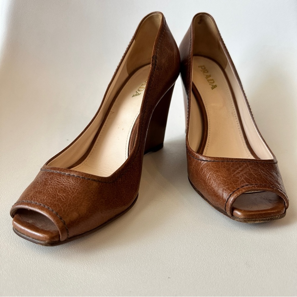 Prada Brown Leather Peep Toe Wedges - Size 37